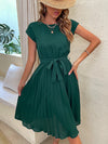 A-Line Loose Pleated Solid Color Tied Waist Round-Neck Midi Dresses