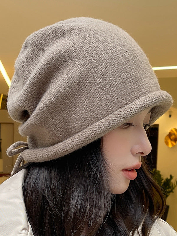 Drawstring Keep Warm Solid Color Tied Knitted Hats