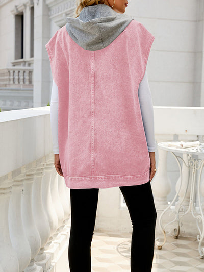 Loose Sleeveless Buttoned Detachable Hooded Pockets Split-Joint Lapel Collar Vest Outerwear