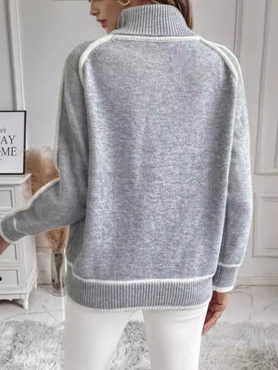Long Sleeves Loose Contrast Color Split-Joint High Neck Sweater Tops