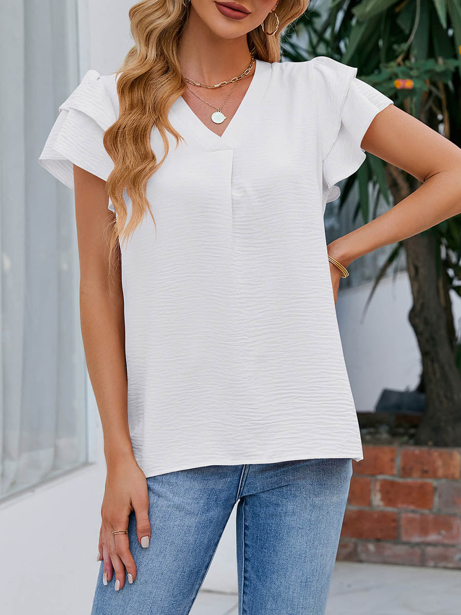 Loose Ruffle Sleeves Solid Color Split-Joint Textured V-Neck Blouses&Shirts Tops