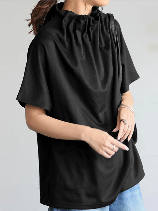 Loose Short Sleeves Solid Color Stand Collar T-Shirts Tops