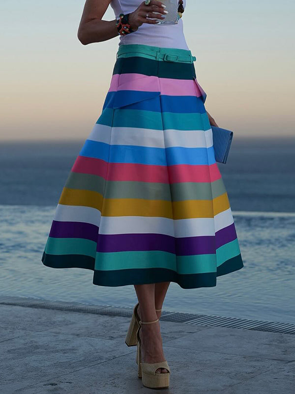 A-Line Loose Belted Contrast Color Split-Joint Striped Skirts Bottoms