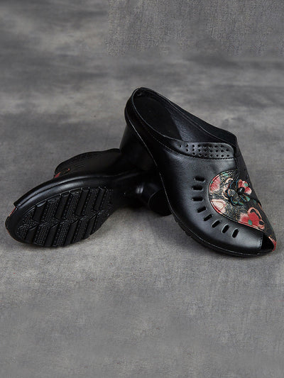 Women Summer Ethnic Flower Leather Spliced Mid Heel Slippers