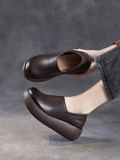 Women Genuine Leather Pure Color Platfrom Shoes