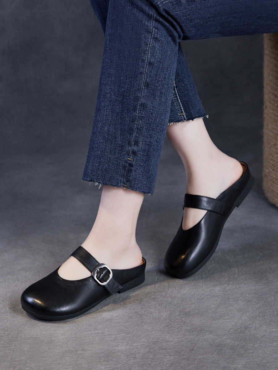 Women Summer Genuine Leather Pure Color Slippers
