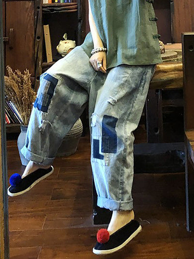 Women Vintage Patch Spliced Denim Loose Harem Pants