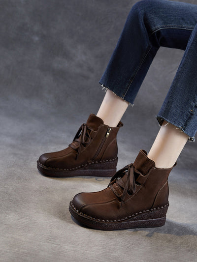 Women Pure Color Genuine Leather Platform Ankle Boots