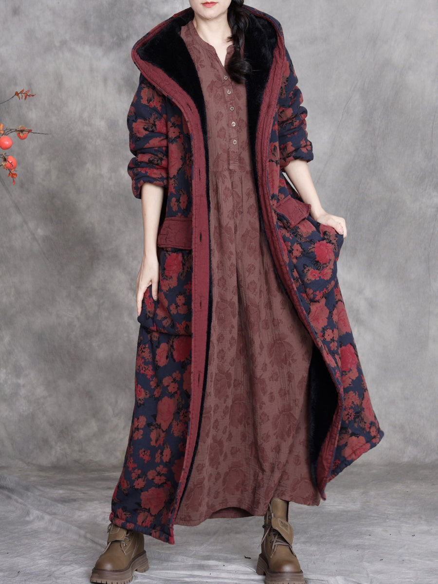 Women Winter Retro Flower Cotton Hooded Coat