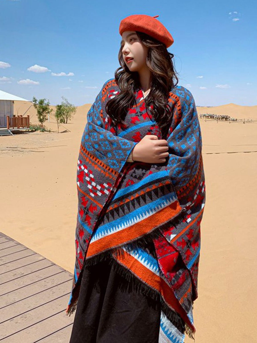 Women Retro Geometric Jacquard Warm Shawl Scarf