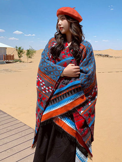 Women Retro Geometric Jacquard Warm Shawl Scarf