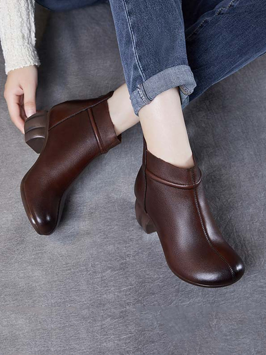 Women Vintage Genuine Leather Mid Heel Ankle Boots