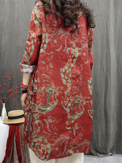 Plus Size Women Vintage Flower Stand Collar 100%Linen Long Shirt