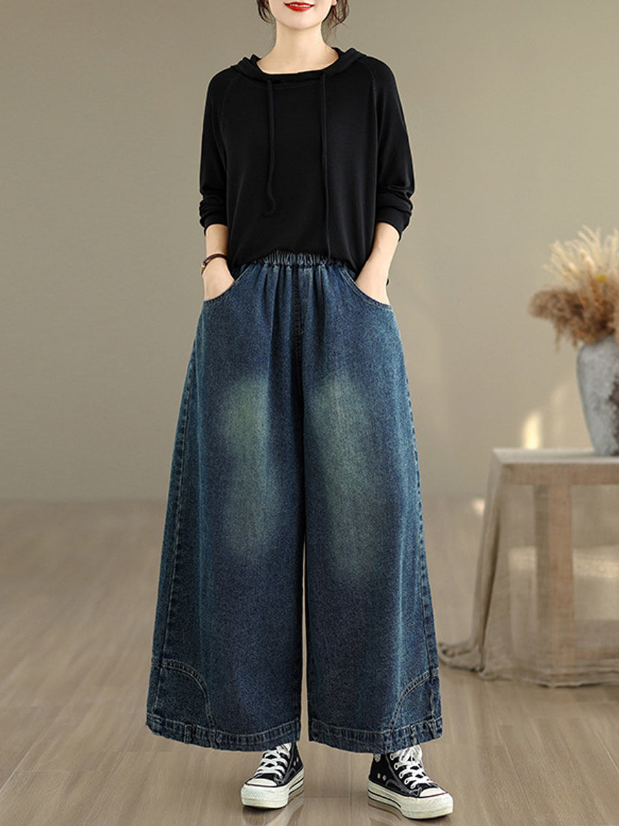 Women Autumn Retro Washed Denim Wide-leg Pants