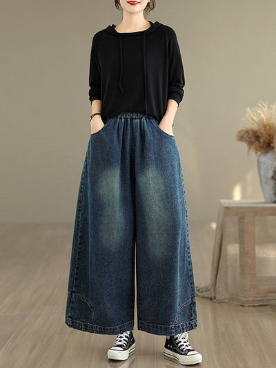 Women Autumn Retro Washed Denim Wide-leg Pants