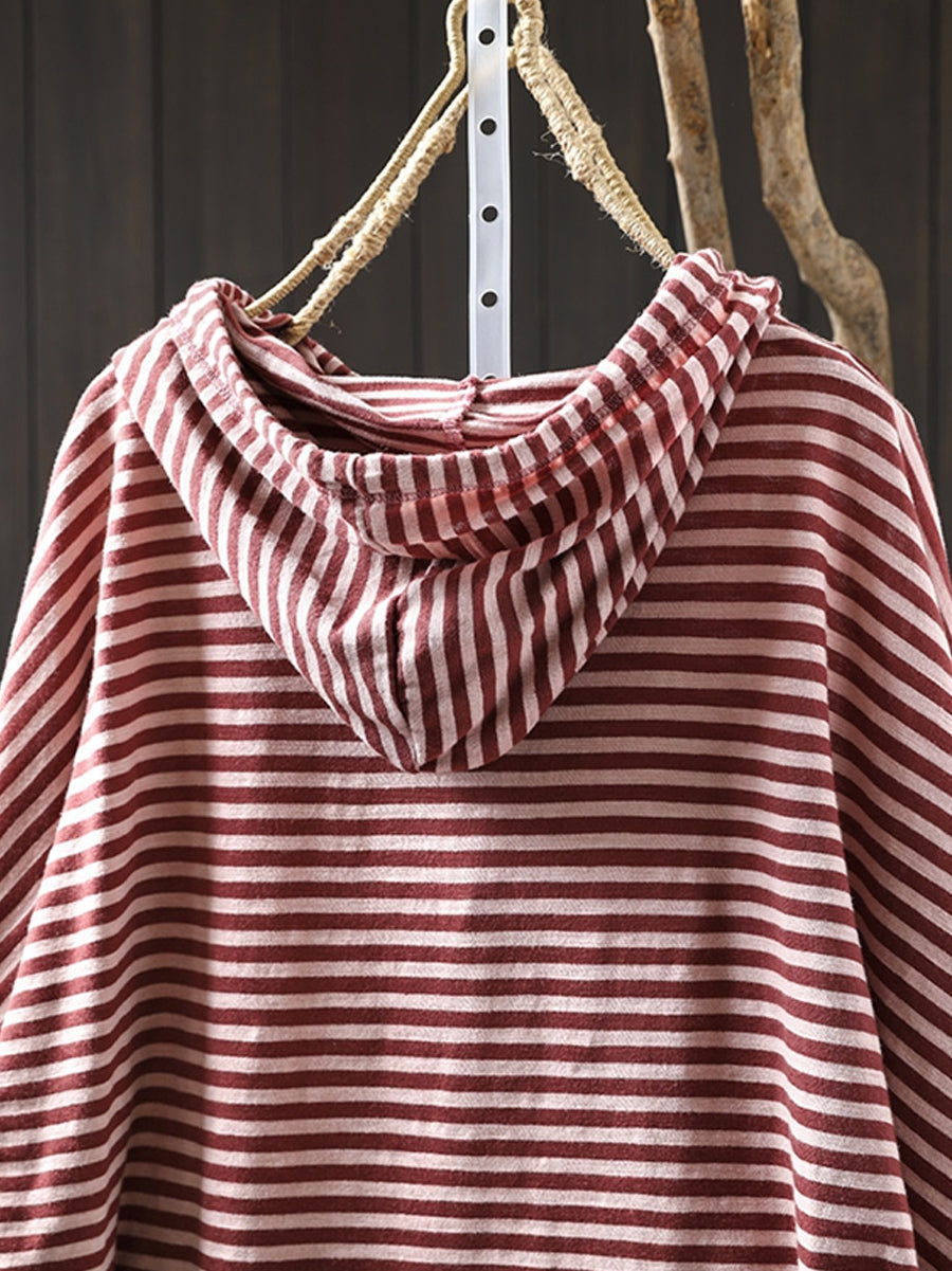 Plus Size Women Autumn Artsy Stripe Cotton Hooded Shirt