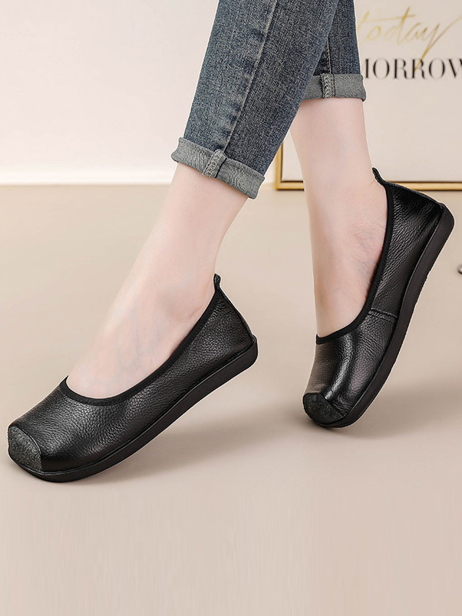 Women Autumn Genuine Leather Sqaure Collar Flat Shoes