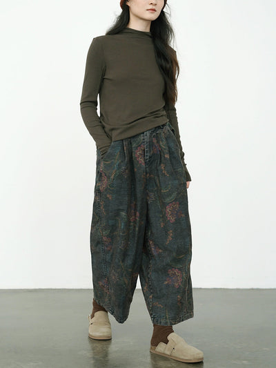 Plus Size Women Winter Retro Flower Denim Spliced Wide-leg Pants