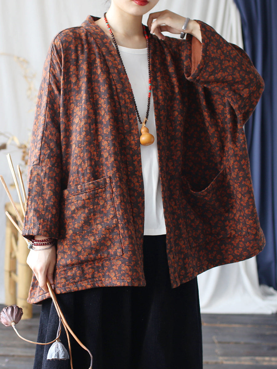 Women Autumn Retro Flower Cotton V-Neck Shirt