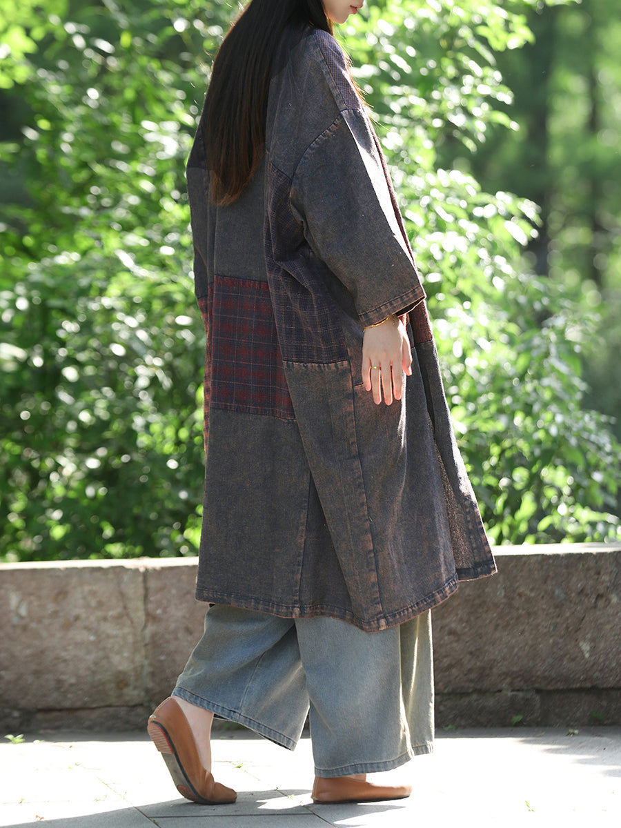 Women Retro Autumn Spliced Stand Collar Cotton Coat