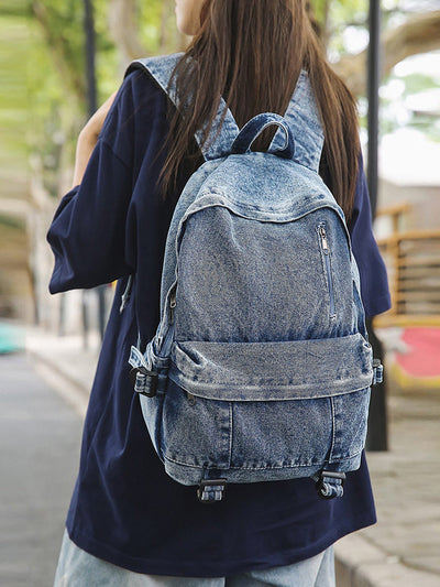 Women Pure Color Denim Large Capacity Backpack