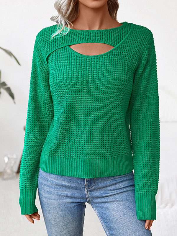 Long Sleeves Loose Hollow Solid Color Split-Joint Round-Neck Pullovers Sweater Tops