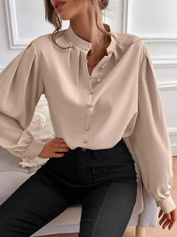 Loose Puff Sleeves Pleated Solid Color Split-Joint Stand Collar Blouses