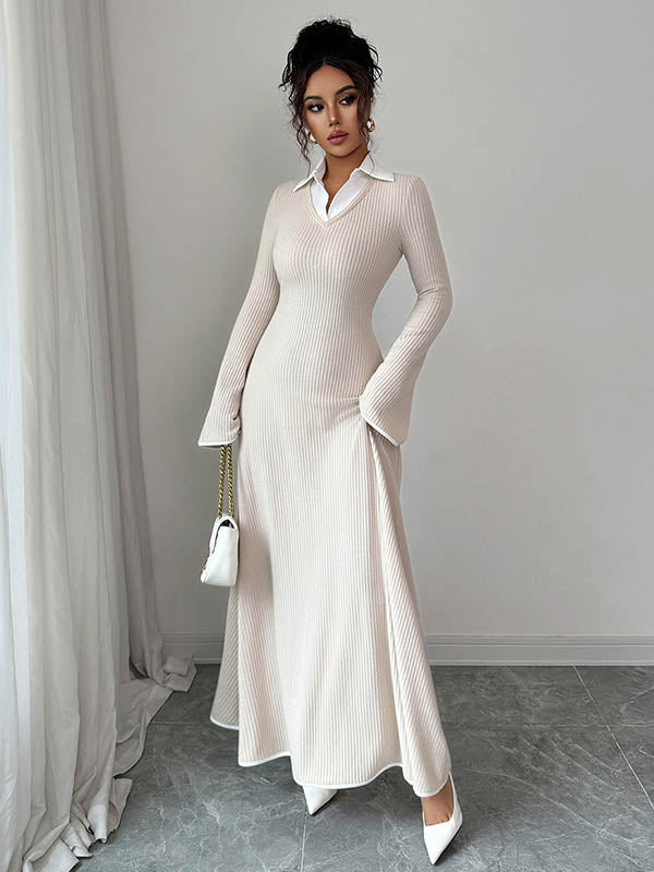 Bodycon False Two Ribbed Knit Split-Joint Lapel Maxi Dresses Sweater Dresses