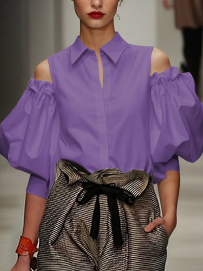 Long Sleeves Loose Pleated Solid Color Cold Shoulder Blouses&Shirts Tops