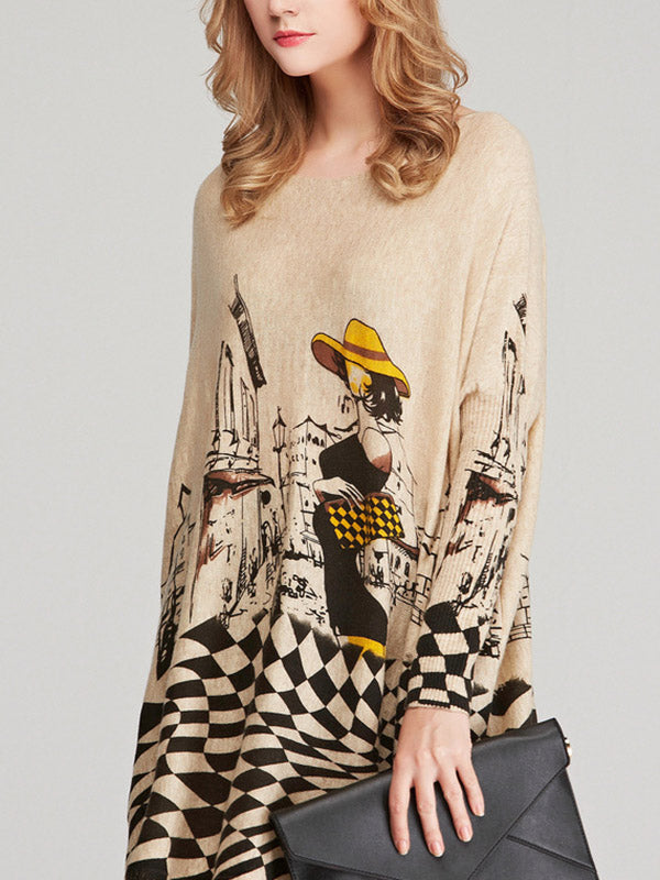 Vintage Loose Printed Split-Joint Sweater