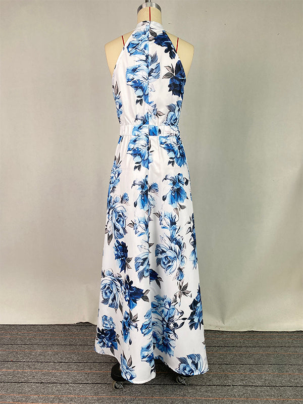 A-Line High Waisted Contrast Color Flower Print Pleated Halter-Neck Maxi Dresses