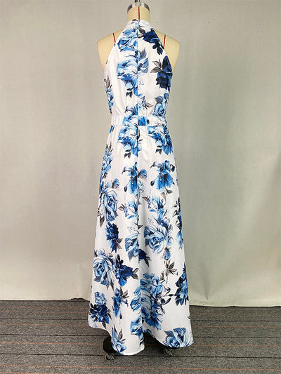 A-Line High Waisted Contrast Color Flower Print Pleated Halter-Neck Maxi Dresses