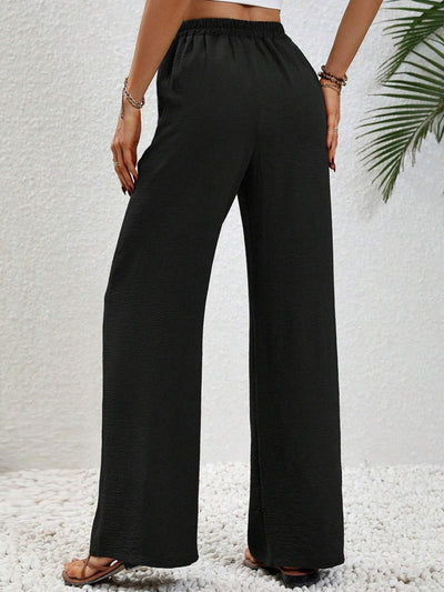 High Waisted Loose Elasticity Pleated Solid Color Tied Waist Pants Trousers