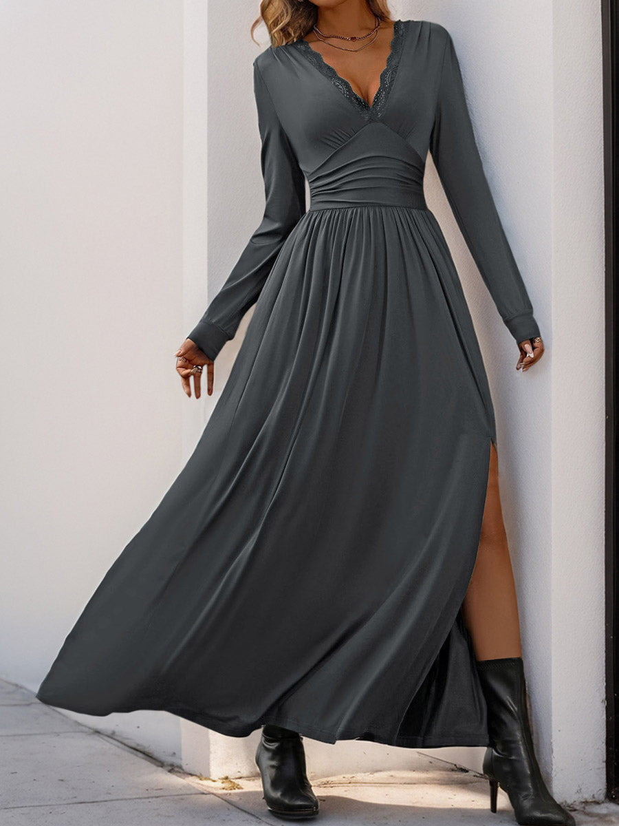 A-Line High Waisted Pleated Solid Color Split-Side V-Neck Maxi Dresses