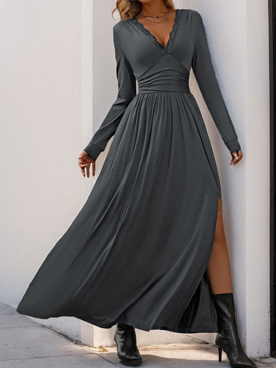 A-Line High Waisted Pleated Solid Color Split-Side V-Neck Maxi Dresses