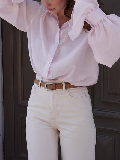 Loose Puff Sleeves Pleated Solid Color Split-Joint Lapel Blouses&Shirts Tops