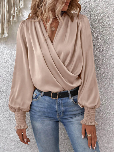 Long Sleeves Loose Elasticity Solid Color V-Neck Blouses&Shirts Tops