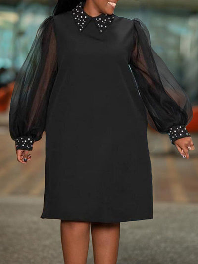 Puff Sleeves Beads Mesh Solid Color Split-Joint Round-neck Midi Dresses