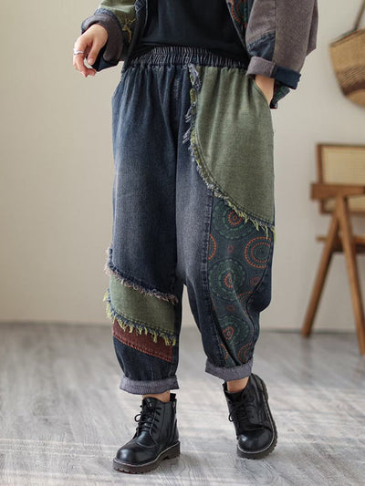 Contrast Color Fringed Split-Joint Long Sleeves Printed Outwear + Harem Pants  Two Pieces Set
