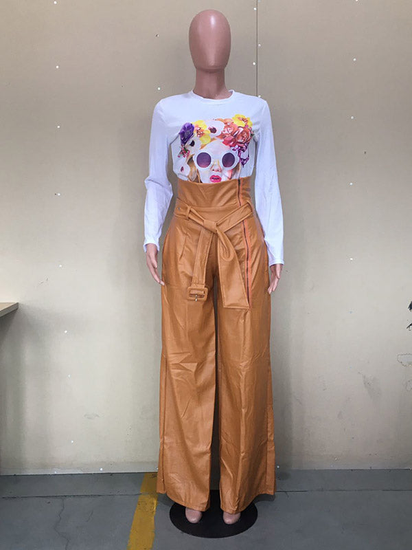 High Waisted Wide Leg Belted Solid Color Zipper Pants Trousers