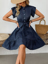 A-Line Loose Buttoned Pleated Polka-Dot Tied Waist Round-Neck Mini Dresses
