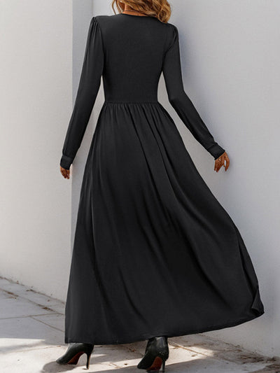 A-Line High Waisted Pleated Solid Color Split-Side V-Neck Maxi Dresses