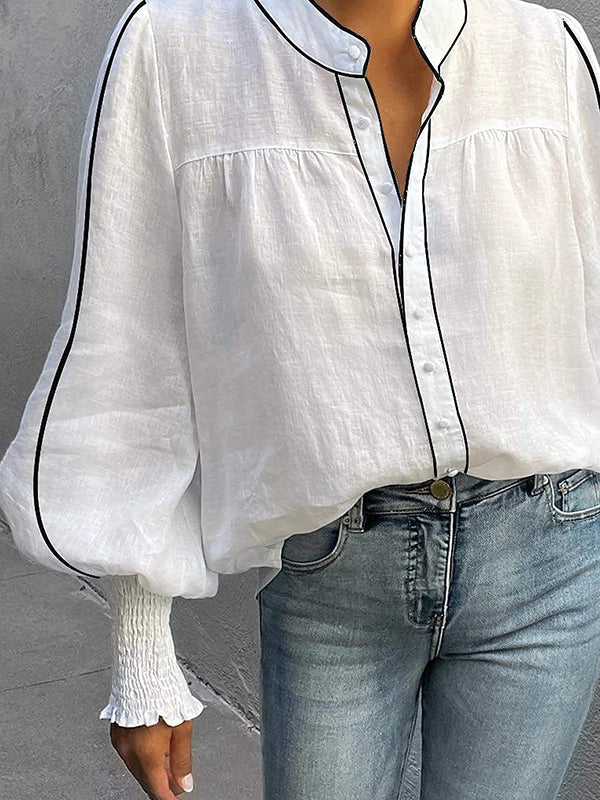 Long Sleeves Loose Buttoned Contrast Color Elasticity Split-Joint Round-Neck Blouses&Shirts Tops