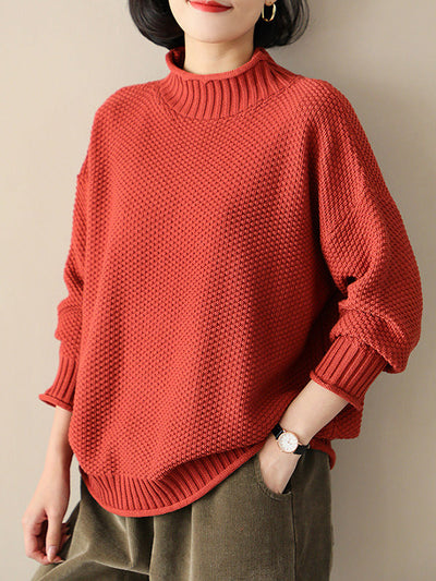 Casual Loose Long Sleeves Solid Color High-Neck Sweater Tops