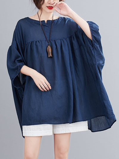 Half Sleeves Loose Pleated See-Through Solid Color Round-Neck Blouses&Shirts Tops