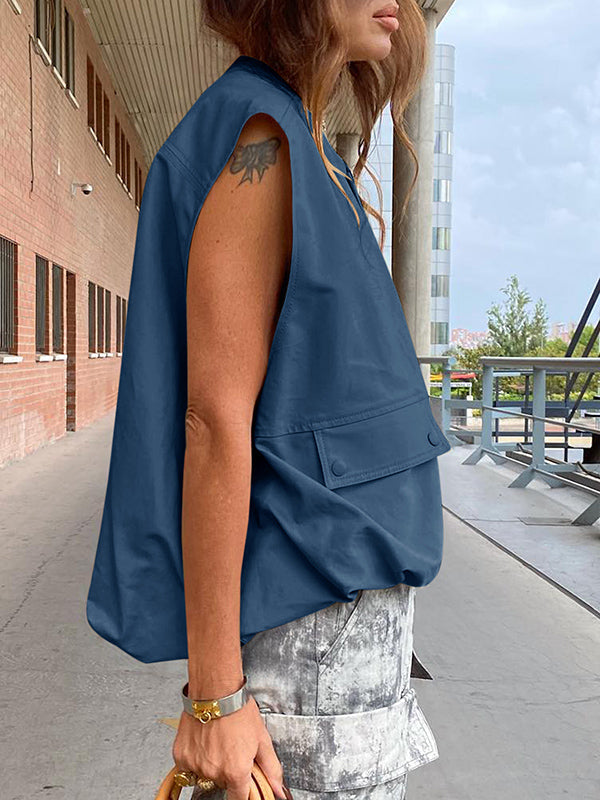 Loose Sleeveless Pockets Split-Joint Zipper Round-Neck Vest Outerwear