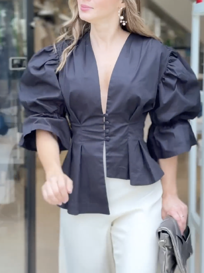High-Low Puff Sleeves Asymmetric Buttoned Solid Color Deep V-Neck Blouses&Shirts Tops