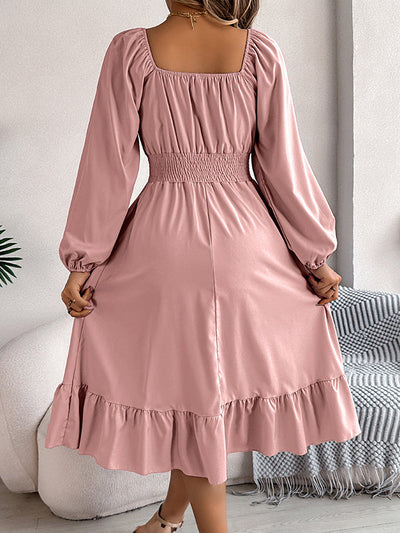 A-Line Elasticated Waist Pleated Ruffled Solid Color Square-Neck Midi Dresses