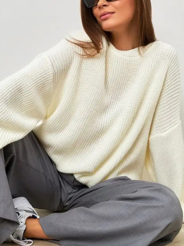 Long Sleeves Loose Solid Color Split-Joint Round-Neck Sweater Tops