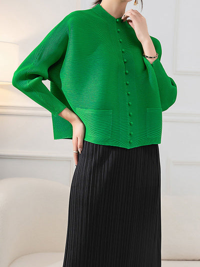 Long Sleeves Loose Buttoned Pleated Pockets Solid Color Round-Neck Outerwear